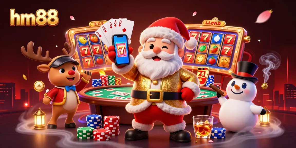 hm88 engages in vibrant casino fun with Santa, a reindeer dealer, and a poker chip snowman.