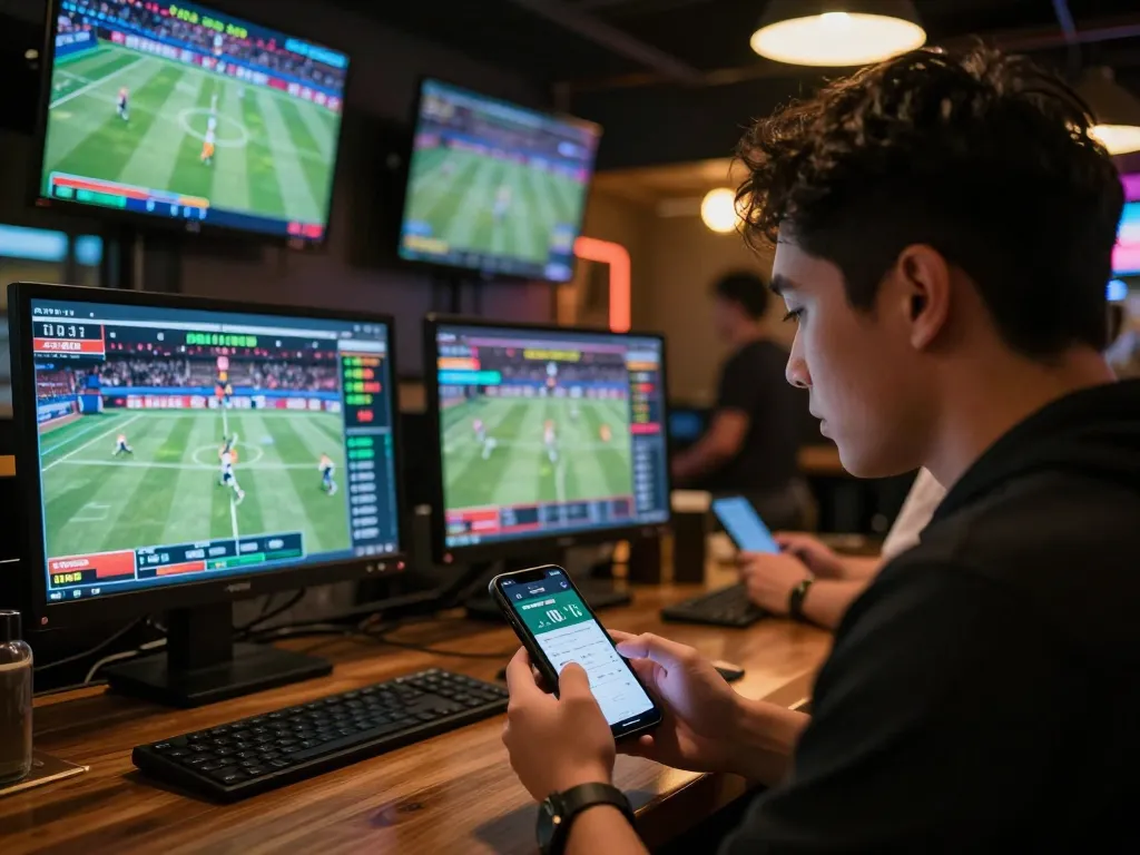 Person engaging in sports betting while monitoring ty le keo nha cai on multiple screens at a lively venue