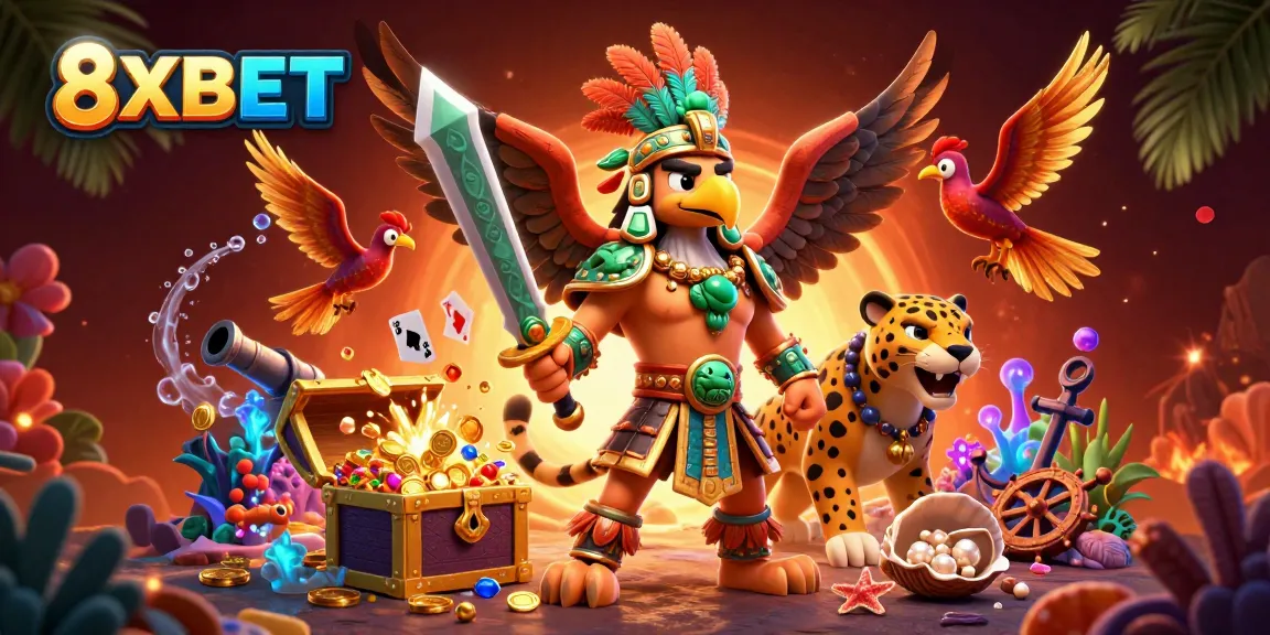 Engage with 8XBET in an electrifying casino scene featuring Aztec warriors and vibrant themed elements.
