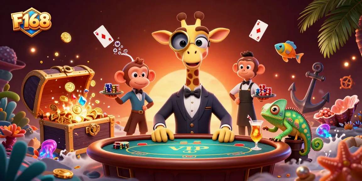Experience F168's thrilling gaming world with a 3D giraffe high-roller at a poker table.