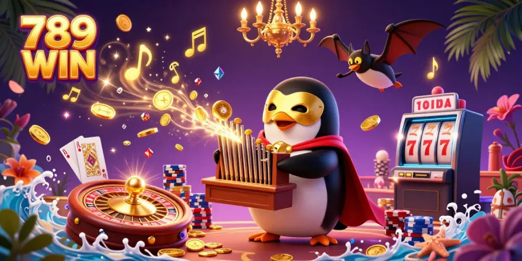 Experience the excitement of 789 WIN in a dynamic casino scene with coins, cards, and games.