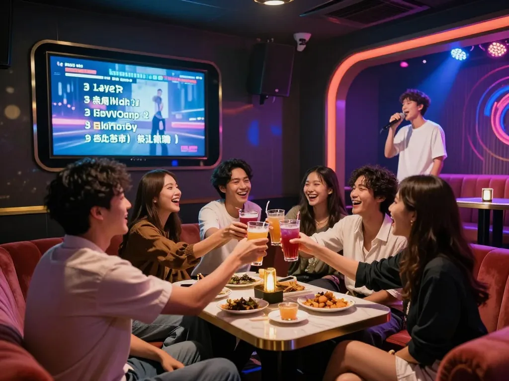 친구들과 함께 노래하며 축하하는 활기찬 노래방을 보여주는 www.3no.org/bupyeong의 생동감 넘치는 밤 문화 경험.