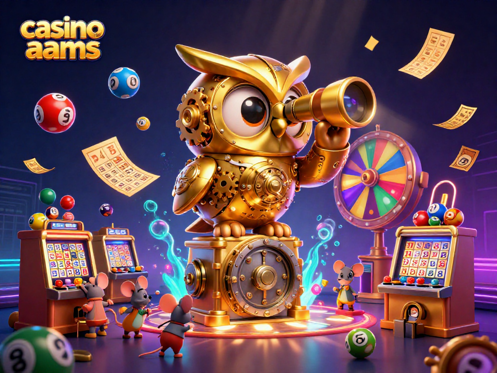 Scopri il divertimento al casino non AAMS con un gufo dorato e palline della lotteria volanti.