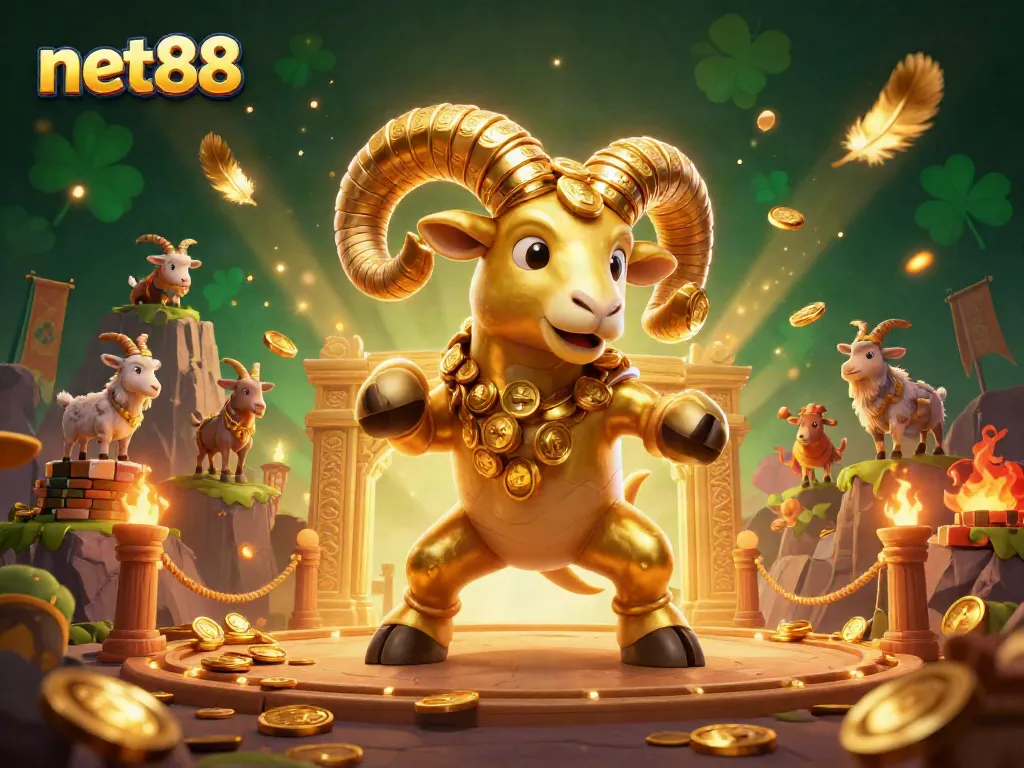 Bet on net88 with an exciting casino scene featuring golden ram character and dynamic elements.