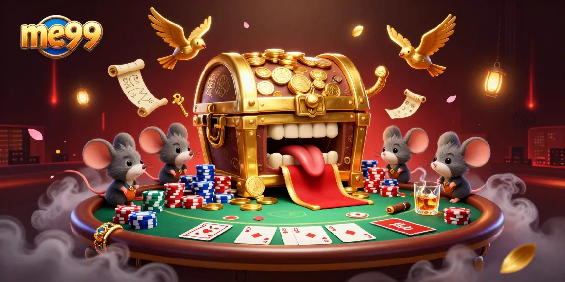 Experience excitement at me99 with a vivid 3D scene of lively card games and treasure elements.