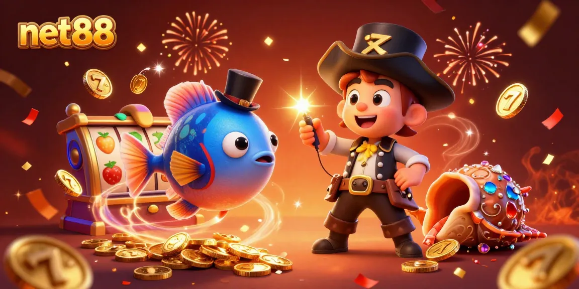 Engage with net88's vibrant casino scene featuring a top-hat anglerfish and slot reels.