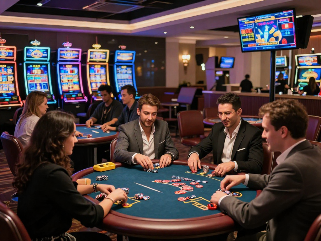Giocatori entusiasti in un casinò non aams, immersi nel gioco d'azzardo e nella socializzazione.