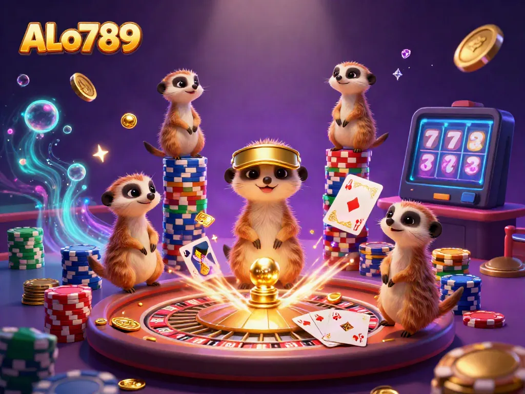 Engage with ALo789's thrilling casino scene featuring meerkats managing games and winning chips in a vivid atmosphere.