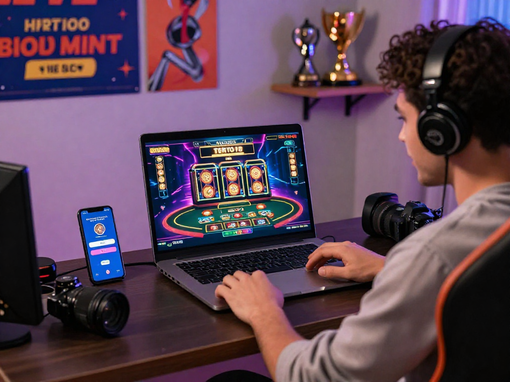 Giocatore entusiasta di casino non AAMS che gioca con un croupier dal vivo sul laptop, circondato da elementi colorati e bonus promozionali.