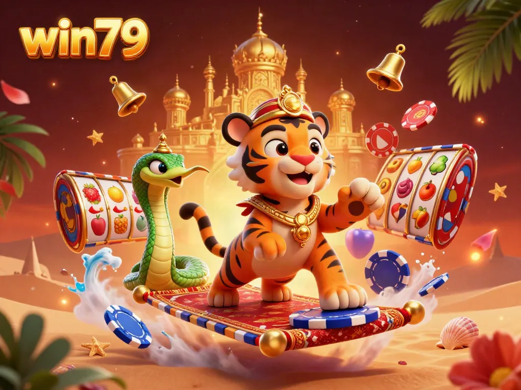 Experience thrilling wins with win79 in this vibrant 3D casino scene featuring slot reels and a tiger sultan.