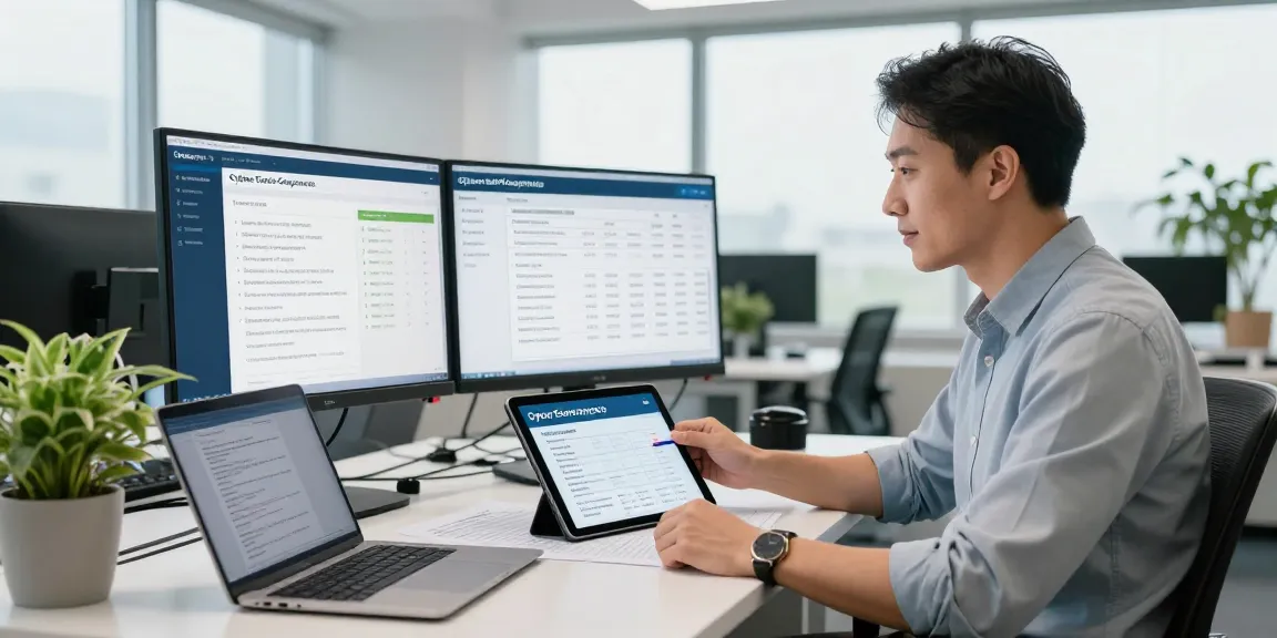 Cyber Essentials requirements being analyzed by a professional in a modern office environment, highlighting the importance of cybersecurity certification.