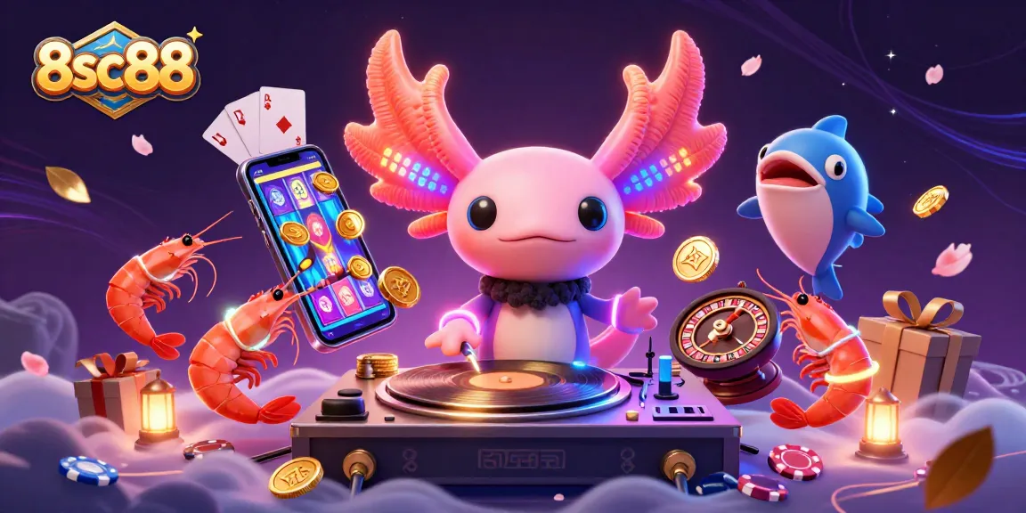 Experience exhilarating gaming action at 8sc88 with a vibrant scene of a neon DJ and animated casino elements.