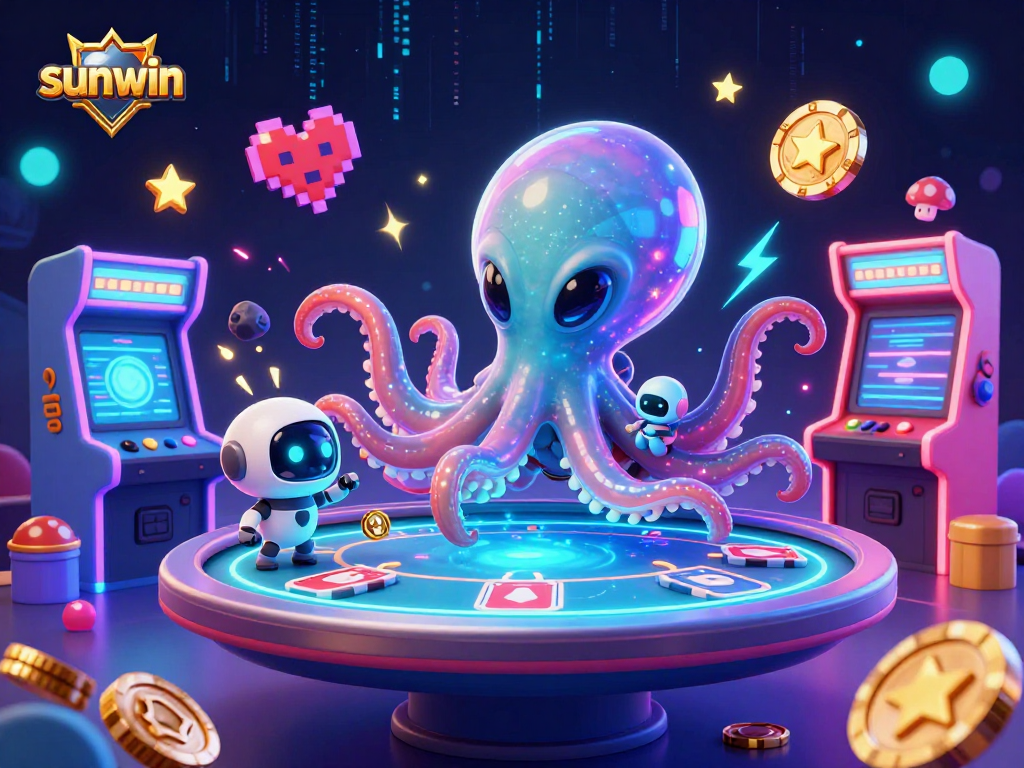 Join the fun with sunwin as the alien octopus deals thrilling poker in a vibrant 3D casino scene.