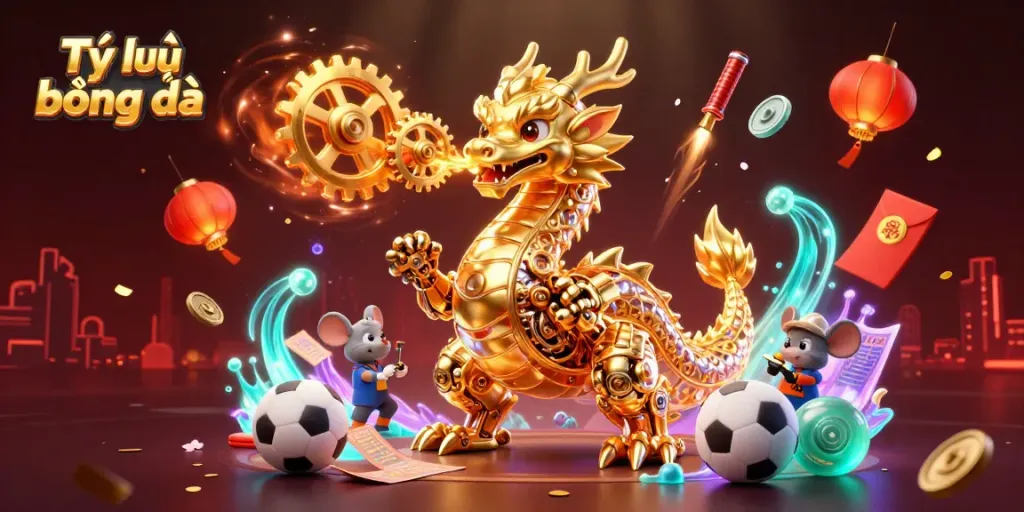 Experience sports betting excitement with Tỷ lệ bóng đá as a golden dragon breathes gears, symbolizing winning strategies.