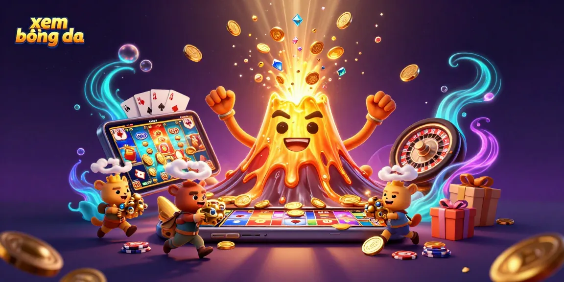 Xem bóng đá with a vibrant 3D cartoon illustration of a golden volcano erupting treasure and gaming elements
