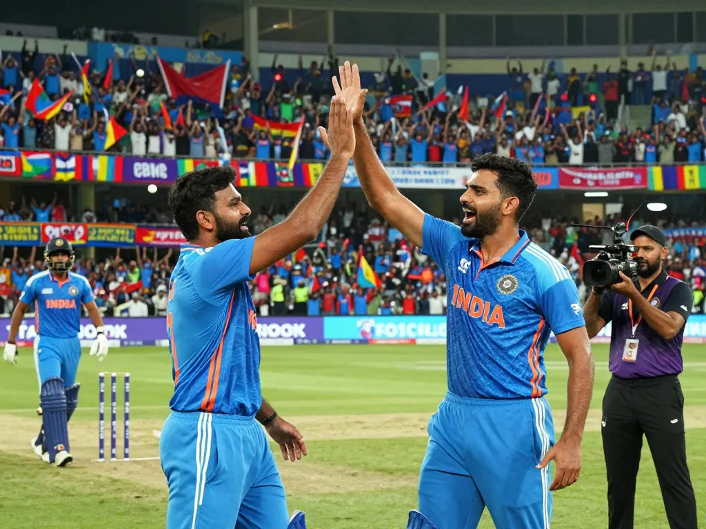 Exciting cricket scene with crickex players celebrating a wicket during T20 World Cup 2026 match