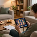 Engaging player using tr88 bet on a tablet, enjoying online gaming in a cozy home setting.