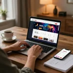 In a cozy study, a player engages with the DAGA online betting platform on a laptop, enhancing their gambling strategy.
