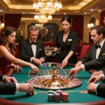 Players engaged at a roulette table, experiencing the excitement of sunwingo gaming under stunning casino lighting