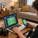 Engaging in kèo nhà cái 88 betting action from a cozy home setup, laptop and smartphone displayed with live odds.