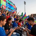 Kèo nhà cái scene with fans cheering at a football match, excited discussions, and live betting odds displayed.