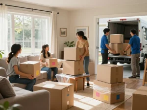 Professionelles und stressfreies Umzugsunternehmen Hannover bewegt Familie und Team beim Packen von Kartons.