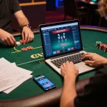 A player enjoying online poker at mm88star with strategic notes and smartphone in a cozy setting.
