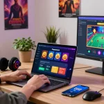 Engagierter Nutzer, der in einem lebhaften Homeoffice-Setup mit Spielelementen die Optionen für Paysafe Card Casinos erkundet.