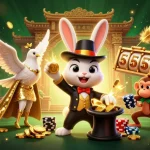 Experience the thrill of hengongbetcasino with a magician rabbit, dove, and monkey amidst sparkling coins and slot elements.