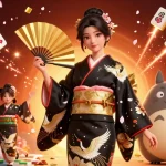 Experience the 33 win excitement with a vibrant 3D illustration showcasing an Asian woman and tanuki amid glowing lanterns and casino elements.