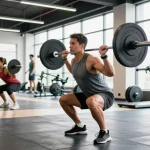 Anabolika Shop Deutschland – Athlet, der im modernen Fitnessstudio Krafttraining macht, präsentiert Fitnessgeräte und eine energiegeladene Umgebung.