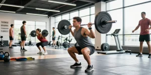 Anabolika Shop Deutschland – Athlet, der im modernen Fitnessstudio Krafttraining macht, präsentiert Fitnessgeräte und eine energiegeladene Umgebung.
