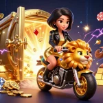 Experience the excitement of Tr88 Trang chủ with a glamorous Asian woman on a golden lion, amidst treasures and casino elements.