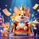 Experience mm88 thrills in a lavish casino scene featuring a crowned corgi surrounded by vibrant game elements and jackpot excitement.