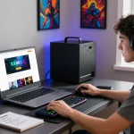 Engaging online gaming setup at https://xx88.se.net/ featuring modern desk, laptop, and ambient lighting.