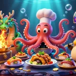 Engage with big88 in a vibrant 3D scene featuring an octopus chef and dragon, capturing the excitement of online slots.