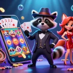 Engaging 99win 3D casino scene with suave raccoon, fox lady, and hedgehog bouncer holding a royal flush.