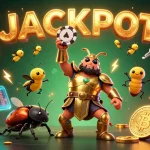 Join the excitement at ok365 as the gladiator beetle celebrates a big win amidst vibrant casino elements.