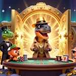 man88 gaming scene with a cartoon velociraptor counter looking sneaky at a blackjack table