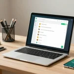 User accessing WhatsApp網頁版 in a modern home office with a laptop, smartphone, and stationery, emphasizing a productive workspace.