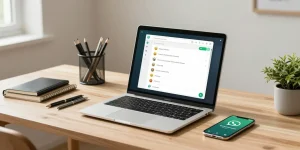 User accessing WhatsApp網頁版 in a modern home office with a laptop, smartphone, and stationery, emphasizing a productive workspace.