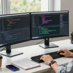 快连 app download guide in a modern tech workspace with dual monitors and coding elements.