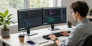 快连 app download guide in a modern tech workspace with dual monitors and coding elements.