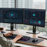 Developer optimizing network performance for 快连 in a modern office workspace with dual monitors and sleek design elements.