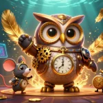 Engage with vibrant online casinos in australia through a whimsical 3D time-traveler owl and mouse in a steampunk scene.