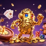 Experience winning action with slot gacor in a vibrant casino scene featuring golden golem and treasures.