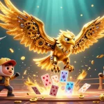 Tải game Sunwin with a vivid 3D depiction of a cybernetic golden eagle amidst dynamic gambling elements.