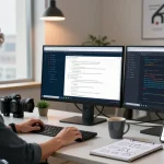 Using Telegram Web Version on dual monitors in a modern office workspace.