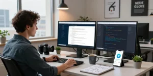 Using Telegram Web Version on dual monitors in a modern office workspace.
