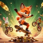 Engage in action-packed gameplay with link dabet as a skateboarder fox performs tricks over golden poker chips.